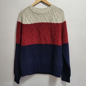 Lands' End 100% Lambswool Cableknit Striped Fisherman's Sweater Size Large